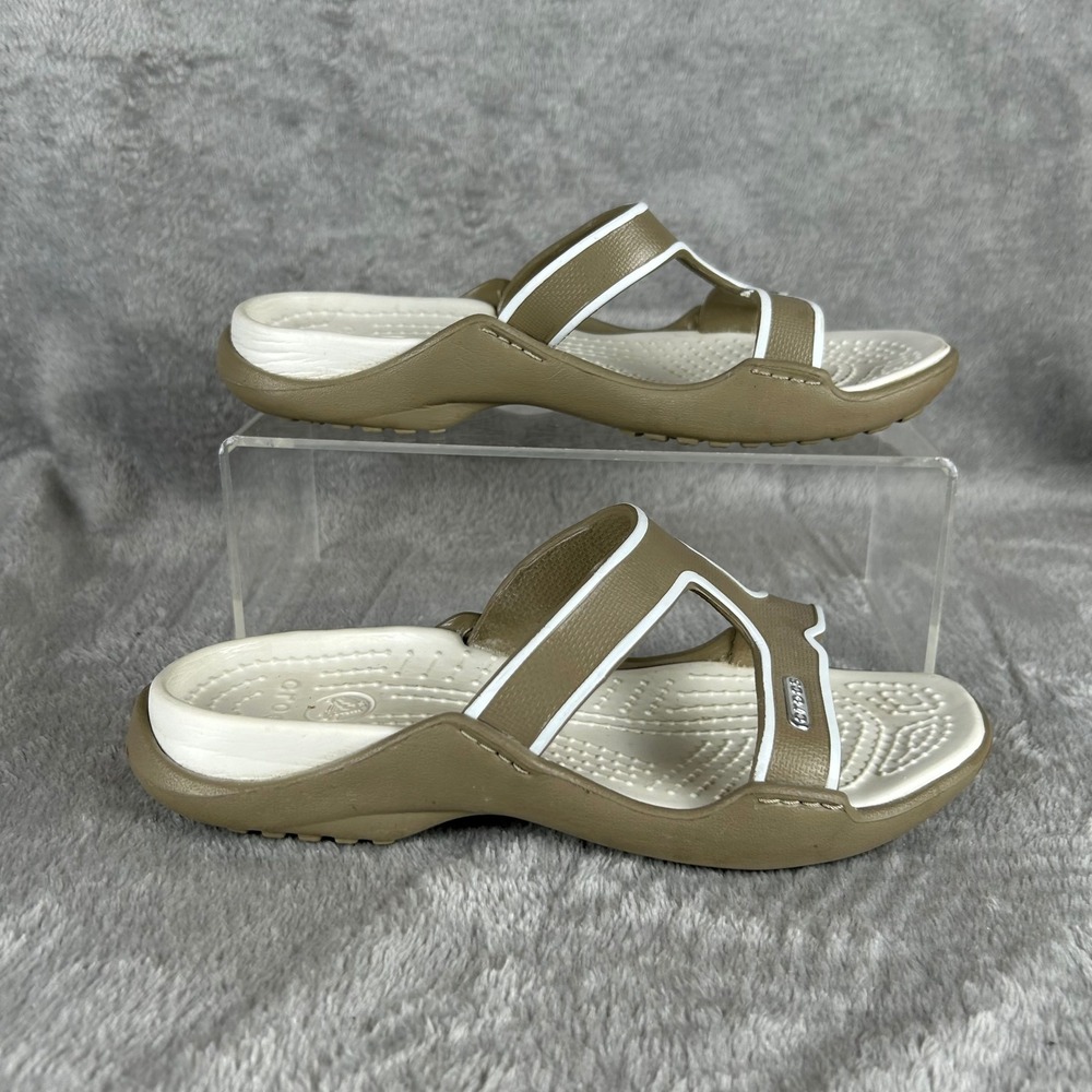 Crocs Meleen Twist Khaki Tan White Slide Sandals Womens Size 6 Comfort Casual